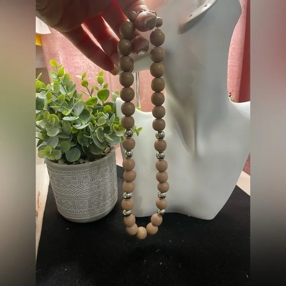 Medium Wooden and Gold Beaded Necklace Handcrafted Jewelry